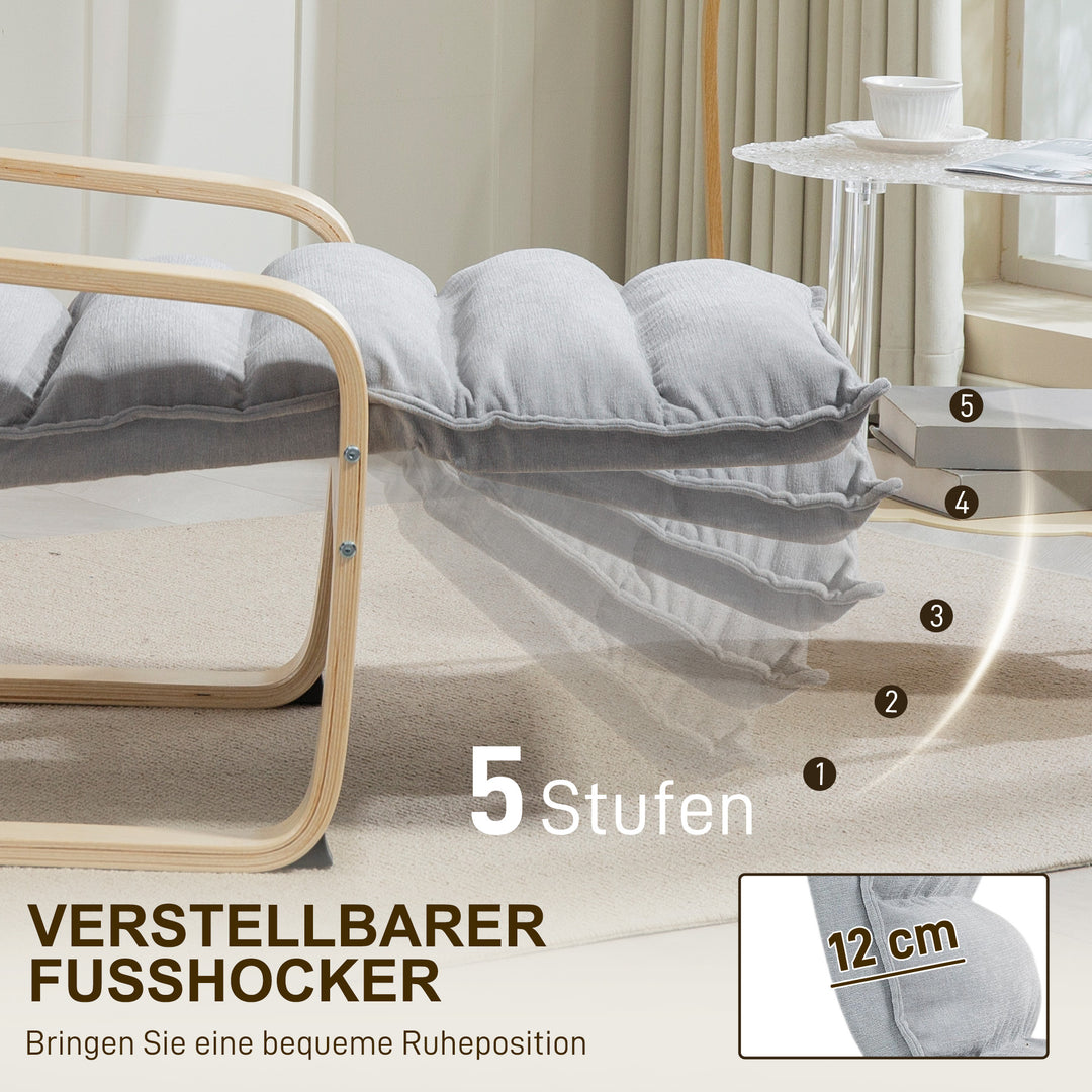 Loungestol i birketræ, polstret stol med justerbar fodstøtte, moderne lænestol, lysegrå