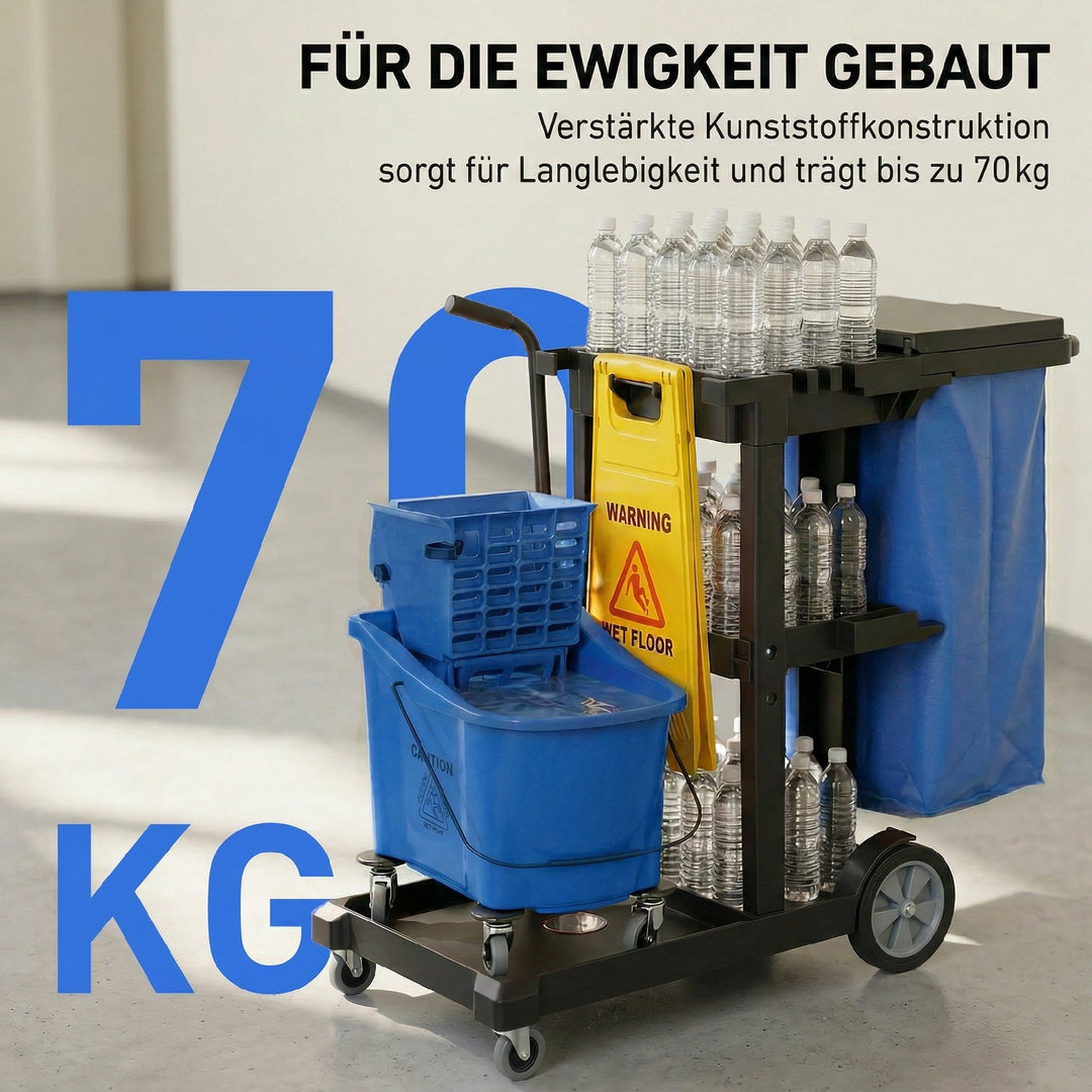Rengøringsvogn, rullende rengøringsvogn med 3 hylder, 70-liters affaldspose, moppespand, blå