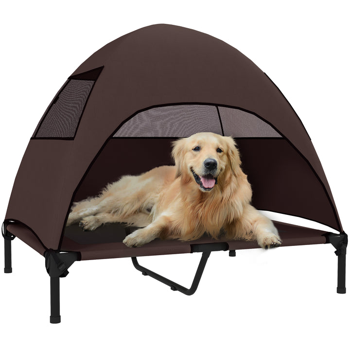 Udendørs hundeseng med tag, hævet hundeseng til store hunde, 91 x 76 x 90 cm, kaffe
