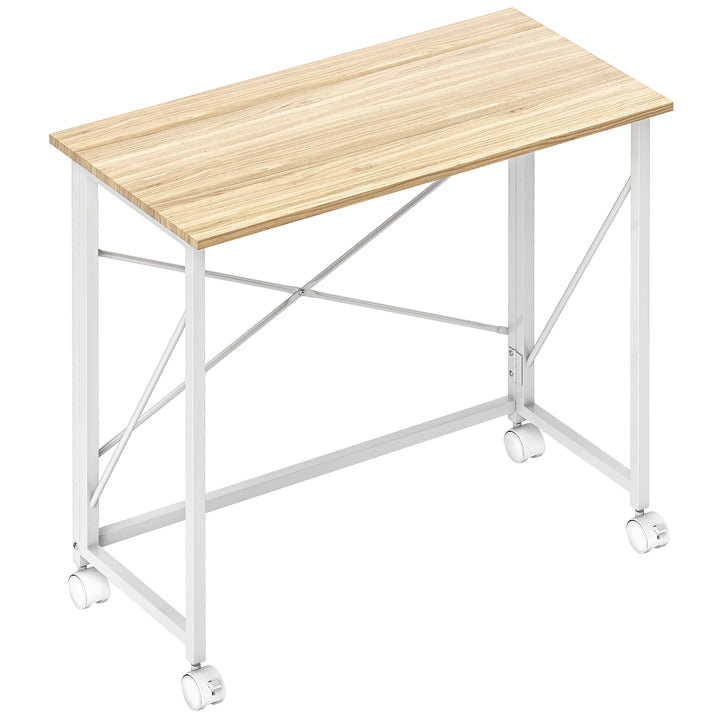 Foldbart skrivebord med hjul – pladsbesparende, 80x40x75 cm, natur/hvid