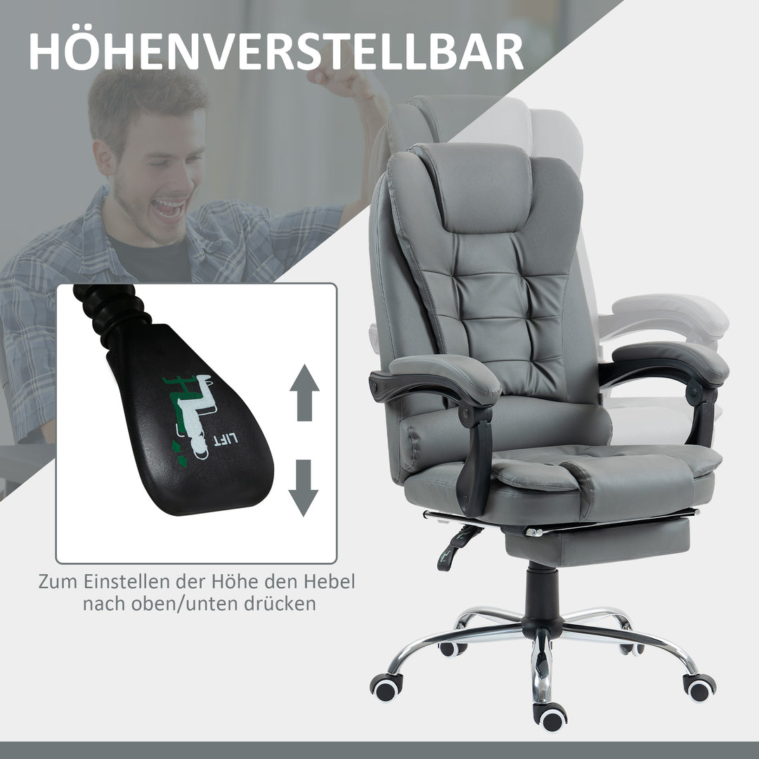 Kontorstol med fodstøtte, skrivebordsstol, justerbar ryglæn, højdejusterbar, grå+sort+sølv