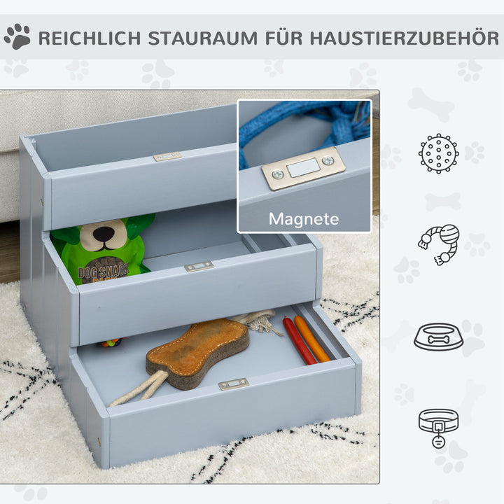 Hundetrappe 3 trin kattetrappe kæledyrstrappe hundetrappe til hunde og katte kæledyrstrappe indgangshjælp med tæppe opbevaringsplads til sovesofa grantræ grå 40,5 x 44,5 x 38 cm