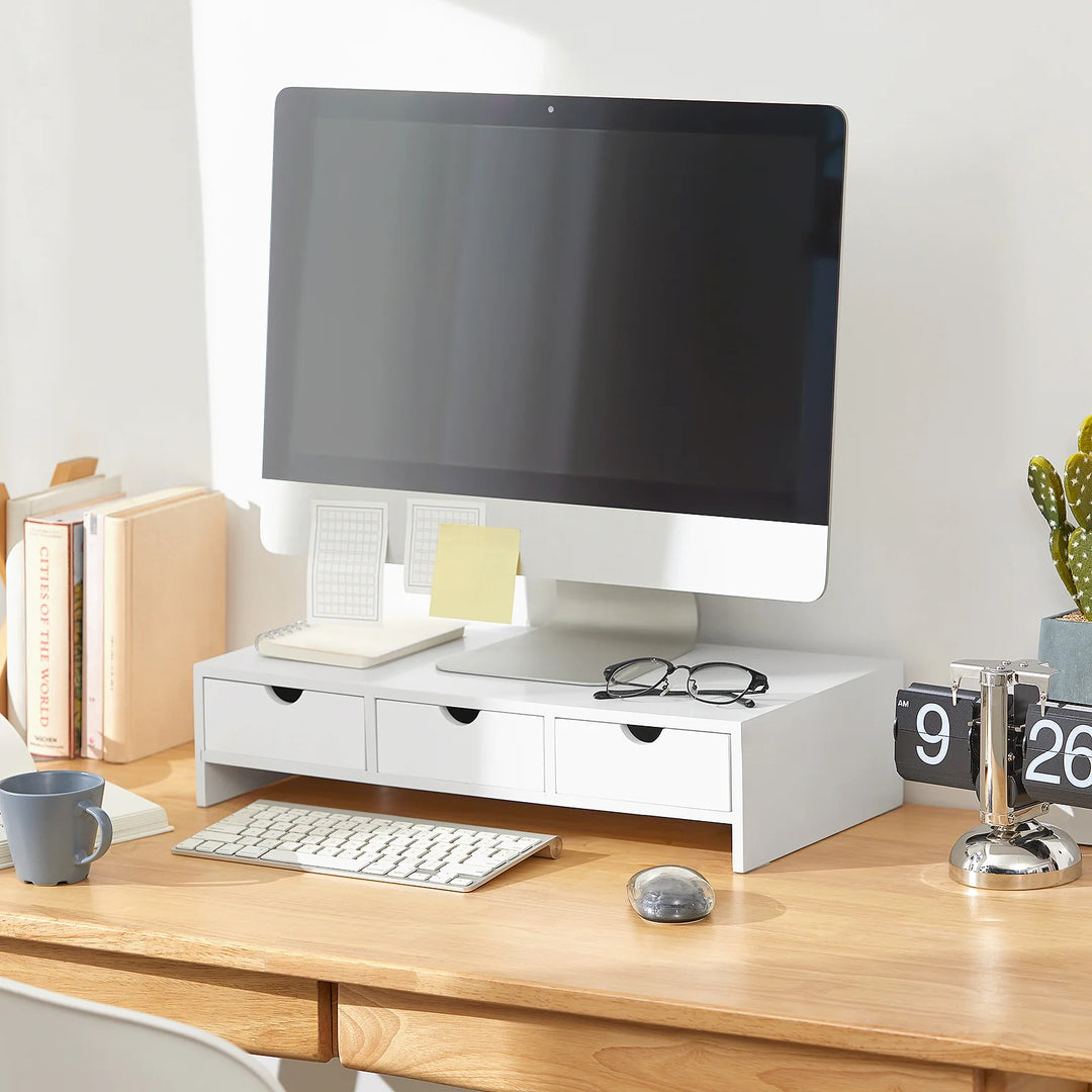 Skærmstativ med små skuffer i skandi-look, B51 x D25 x H12 cm, hvid