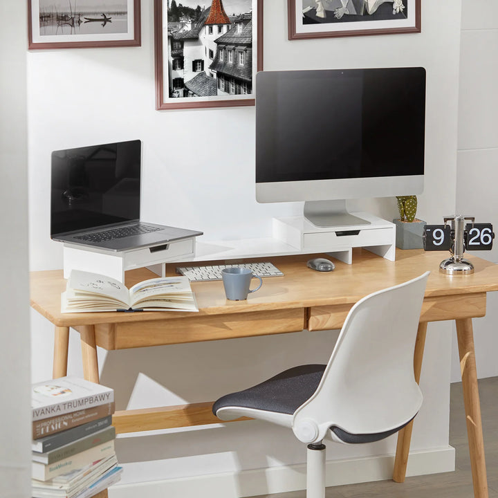 Skærmstativ med 2 skuffer i skandi-look, B60-107 x D22 x H11 cm, hvid