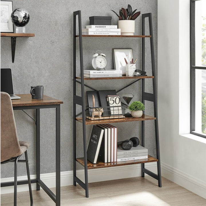 Bogreol i bambus og MDF, industrielt look, L63 x B34 x H137 cm, brun