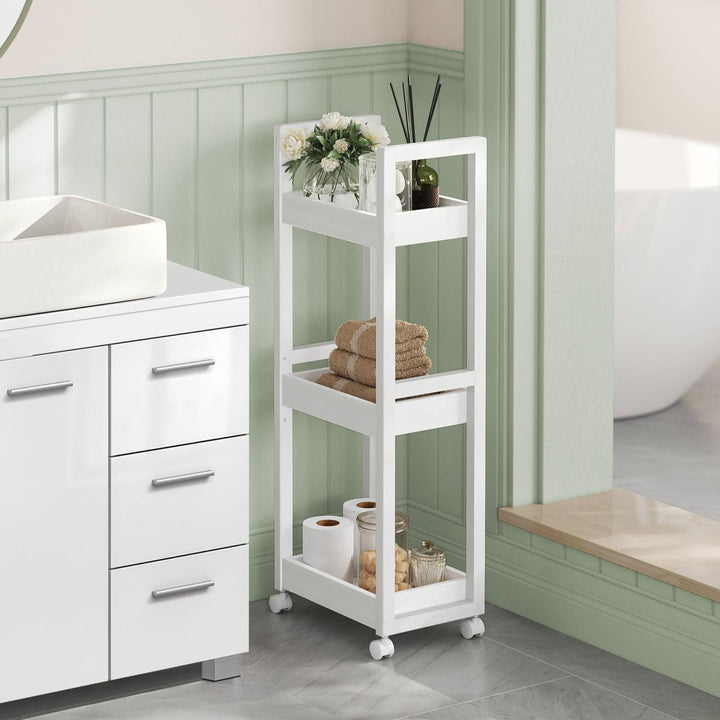 3-trins opbevaringsvogn til badeværelse eller køkken i bambus og MDF, mål: 20 x 30 x 80 cm