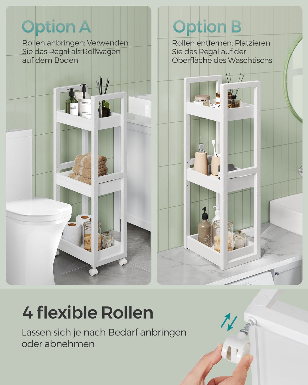 3-trins opbevaringsvogn til badeværelse eller køkken i bambus og MDF, mål: 20 x 30 x 80 cm