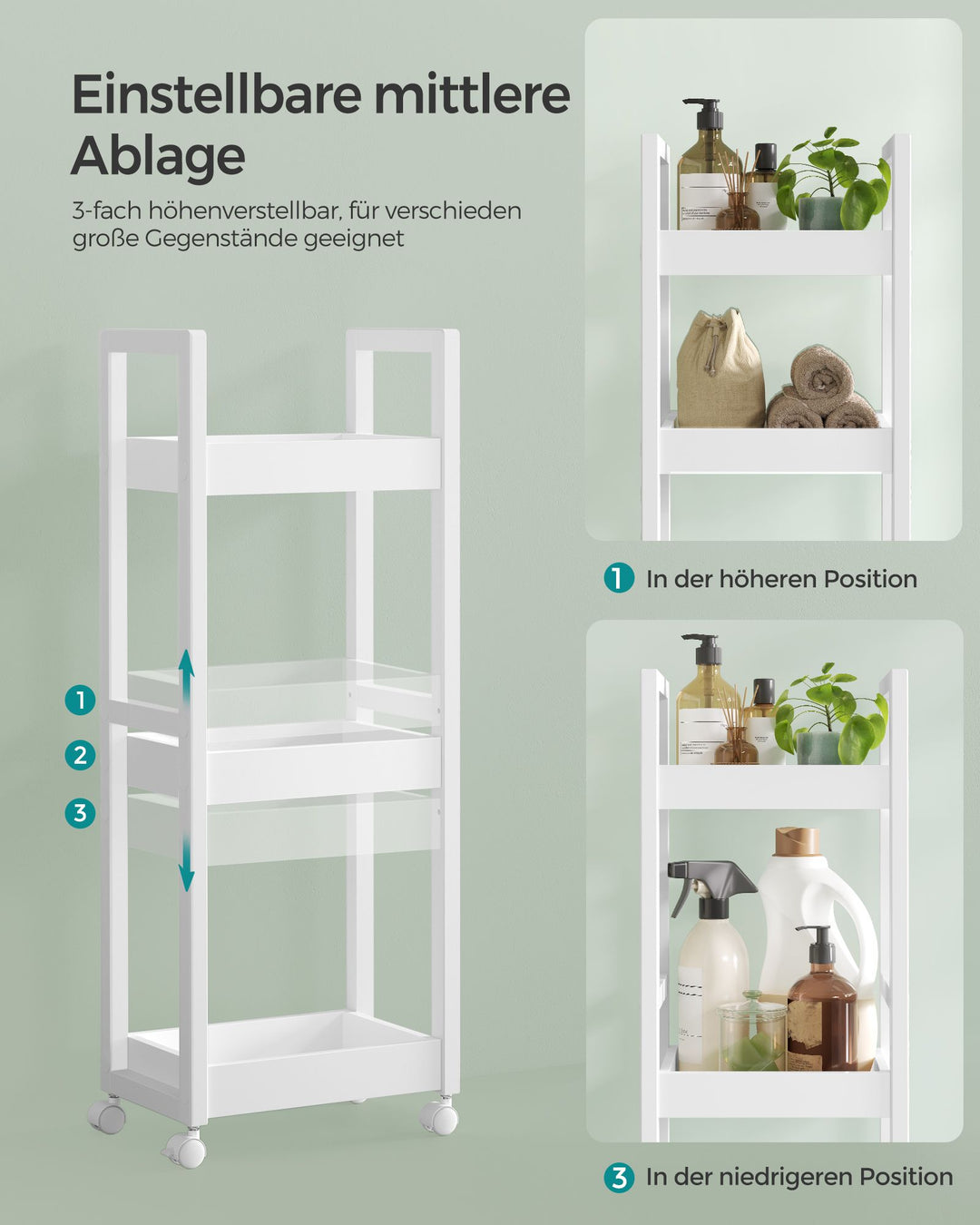 3-trins opbevaringsvogn til badeværelse eller køkken i bambus og MDF, mål: 20 x 30 x 80 cm