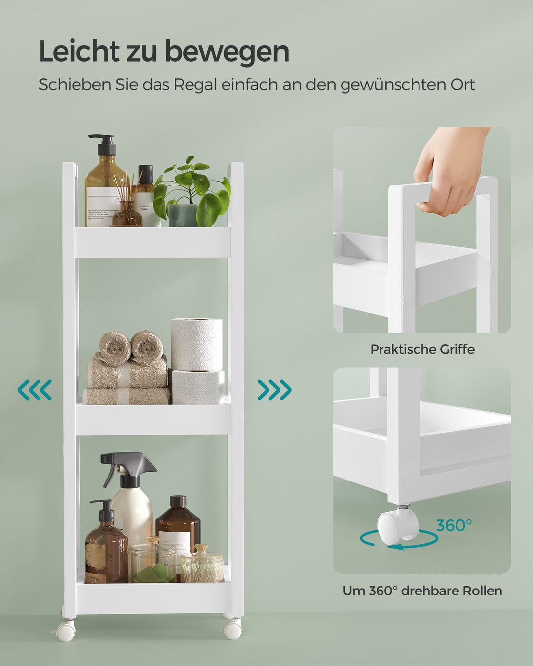 3-trins opbevaringsvogn til badeværelse eller køkken i bambus og MDF, mål: 20 x 30 x 80 cm