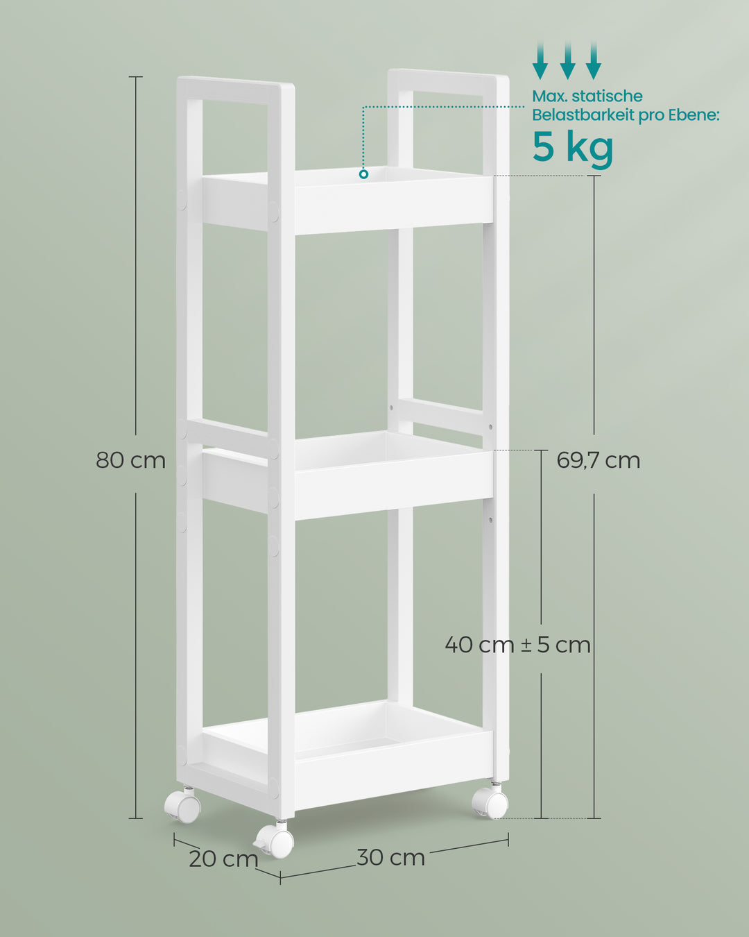 3-trins opbevaringsvogn til badeværelse eller køkken i bambus og MDF, mål: 20 x 30 x 80 cm