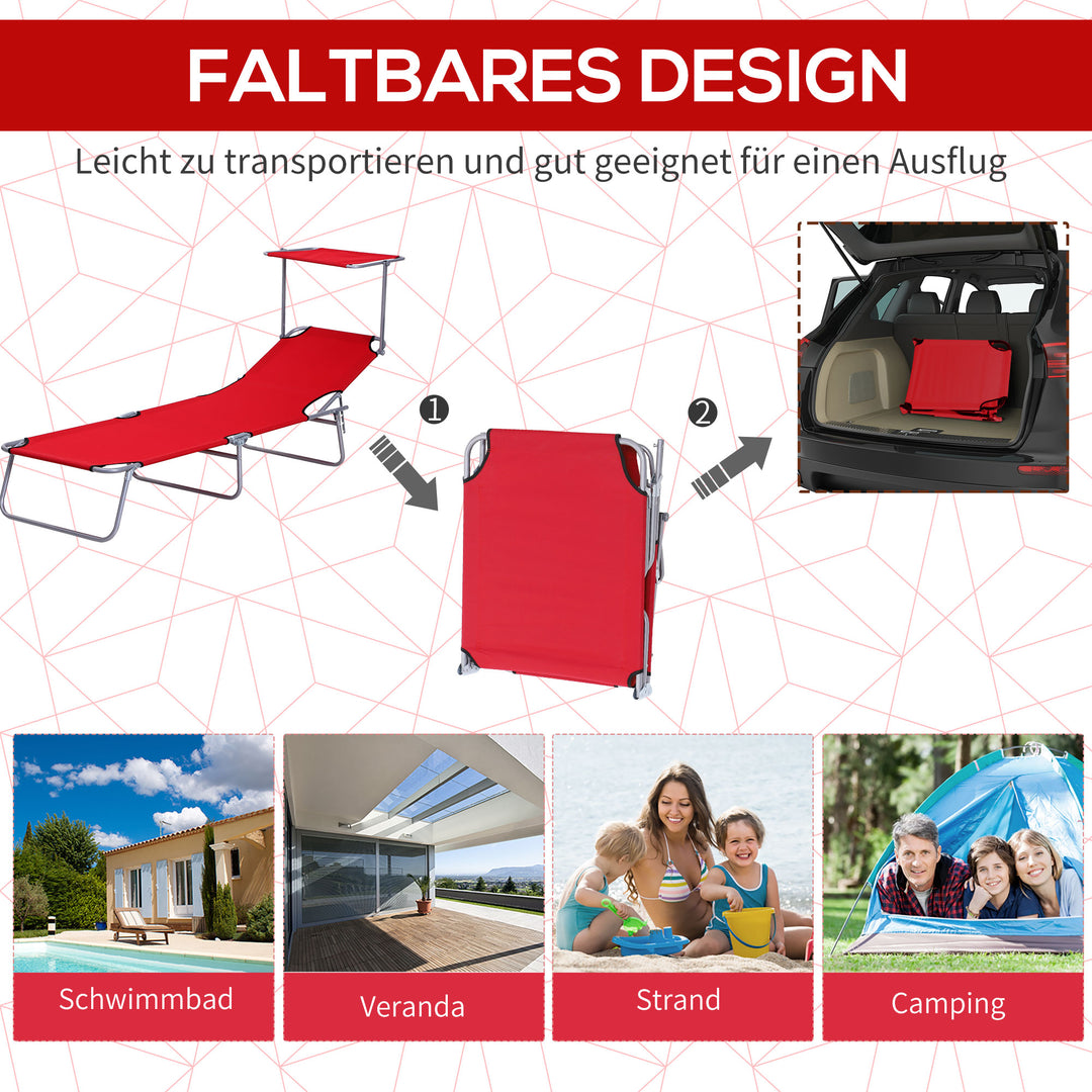 Sammenklappelig liggestol, haveliggestol med baldakin, liggestol med 4-positions justerbar ryglæn, vejrbestandig campingliggestol, lasteevne op til 120 kg, til have, strand, pool, rød
