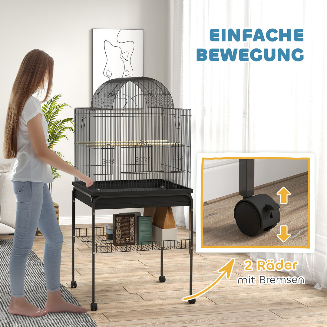 Fuglebur til kanariefugle og undulater, mobil, med bundrum, metalnet, sort