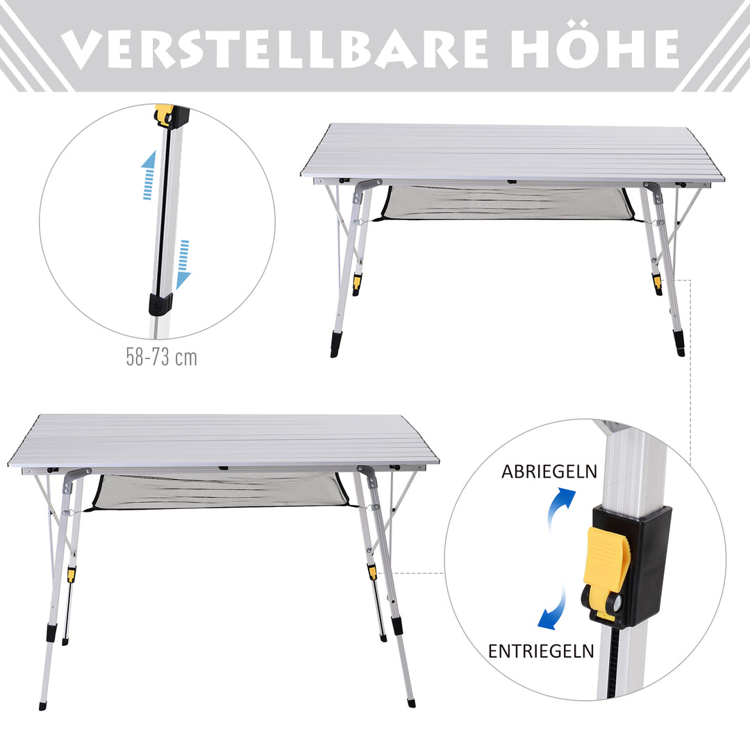 Picnic klapbord, sammenklappeligt bord, højdejusterbart campingbord, inkl. bæretaske, aluminium, sølv, 120 x 69 x 59-78 cm