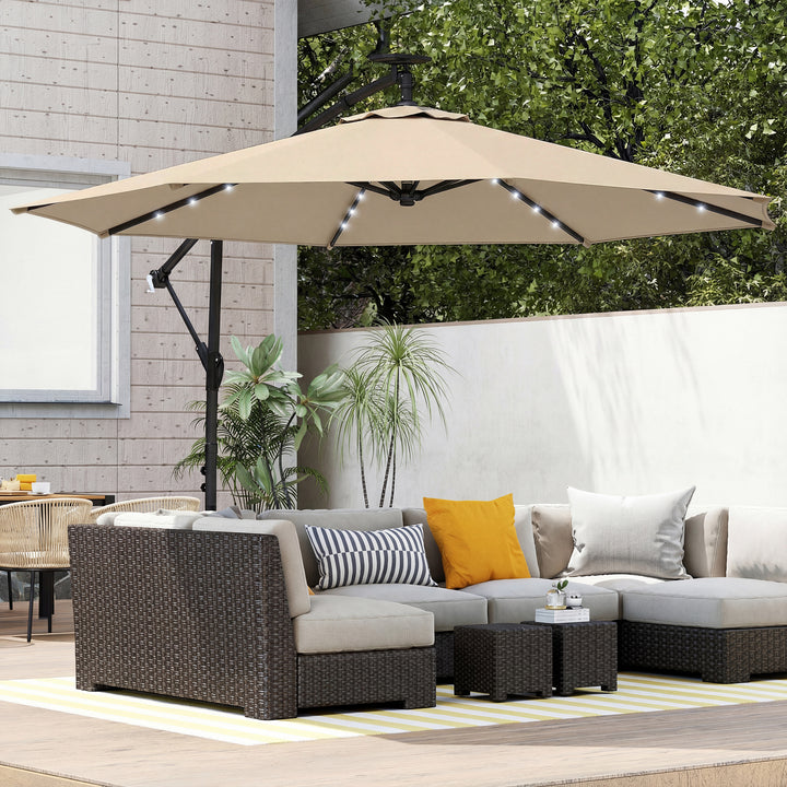 LED solcelledrevet parasol, ca. Ø300 cm, drejelig, med håndsving, beskyttelsesovertræk, beige
