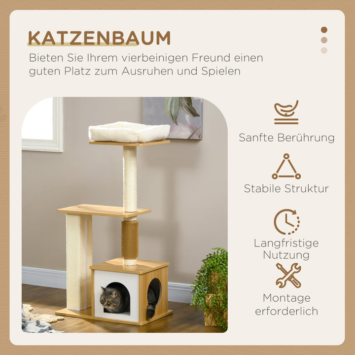 Kradsetræ med kattehule, 1 katteseng, 1 liggeflade, 59,5 cm x 39,5 cm x 114 cm, brun + hvid