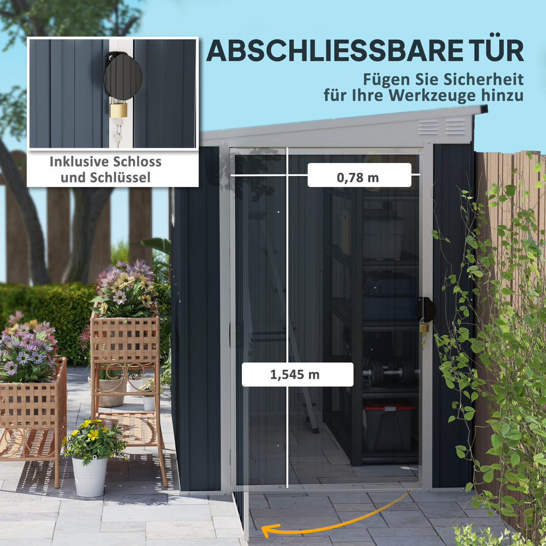 Haveskur, redskabsskur til haveredskaber, vinduer, ventilationsåbninger, aflåselig, stål, mørkegrå