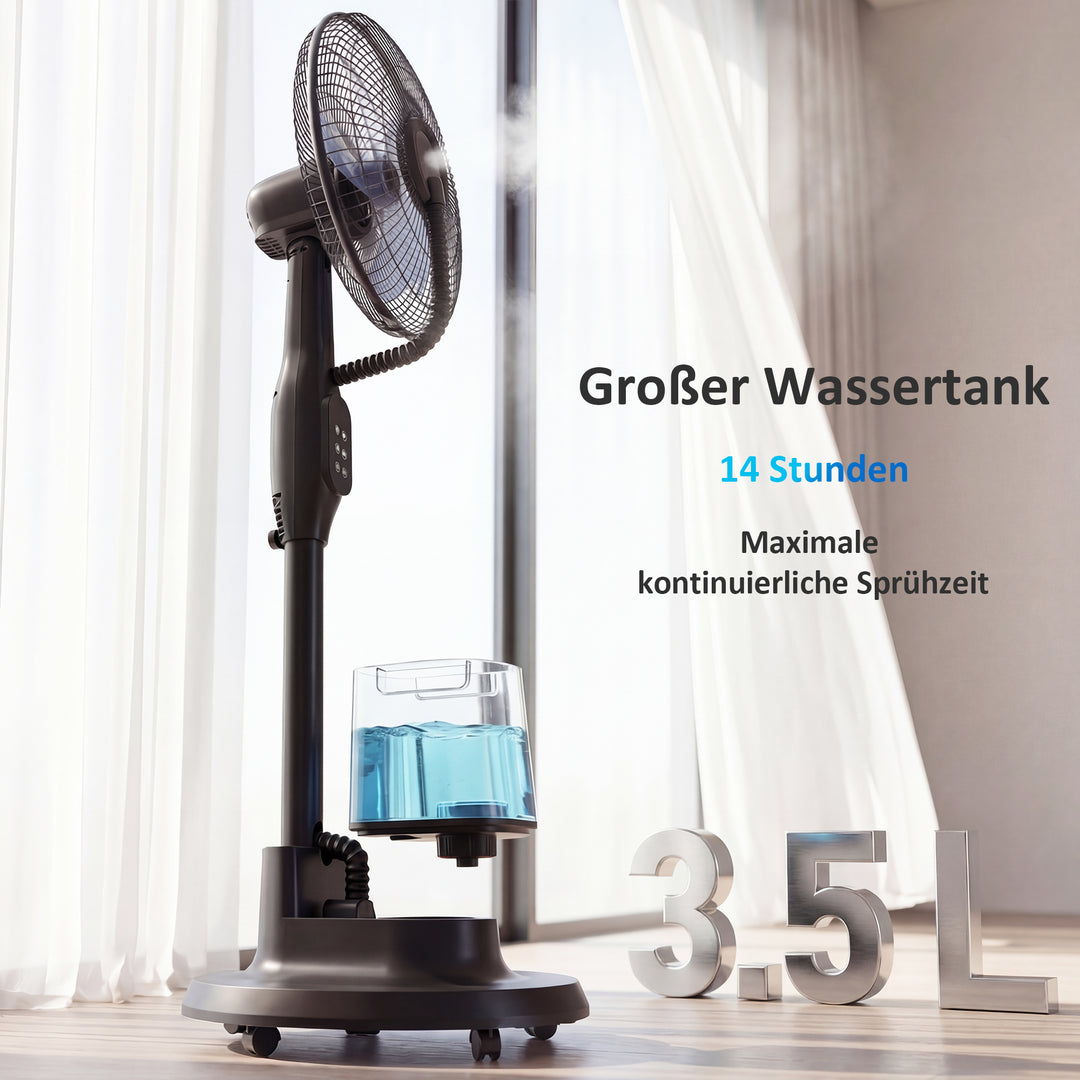 Stående ventilator med dugfunktion, 70° oscillation, 3 hastigheder, 3 tilstande, 3,5L vandtank, sort