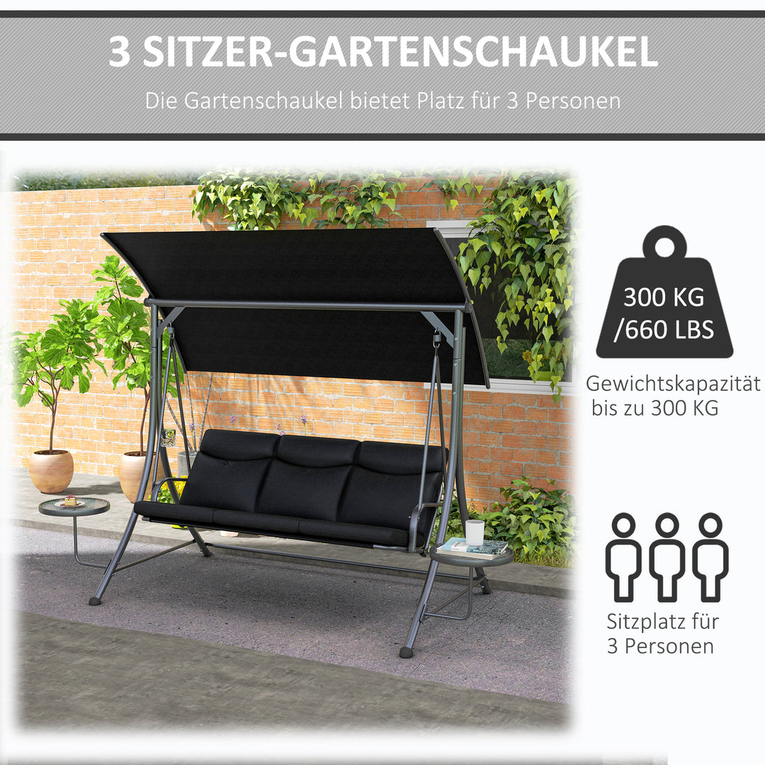 Hollywood gynge, gyngebænk, 3-personers havegynge med justerbar solskærm, 278 x 135 x 177 cm, sort