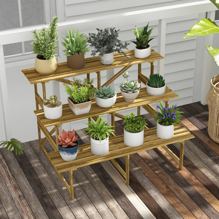 Plantestige, blomsterstige, blomsterhylde, plantehylde, blomsterstativ, 3 niveauer, fyrretræ, 120 x 80 x 78 cm