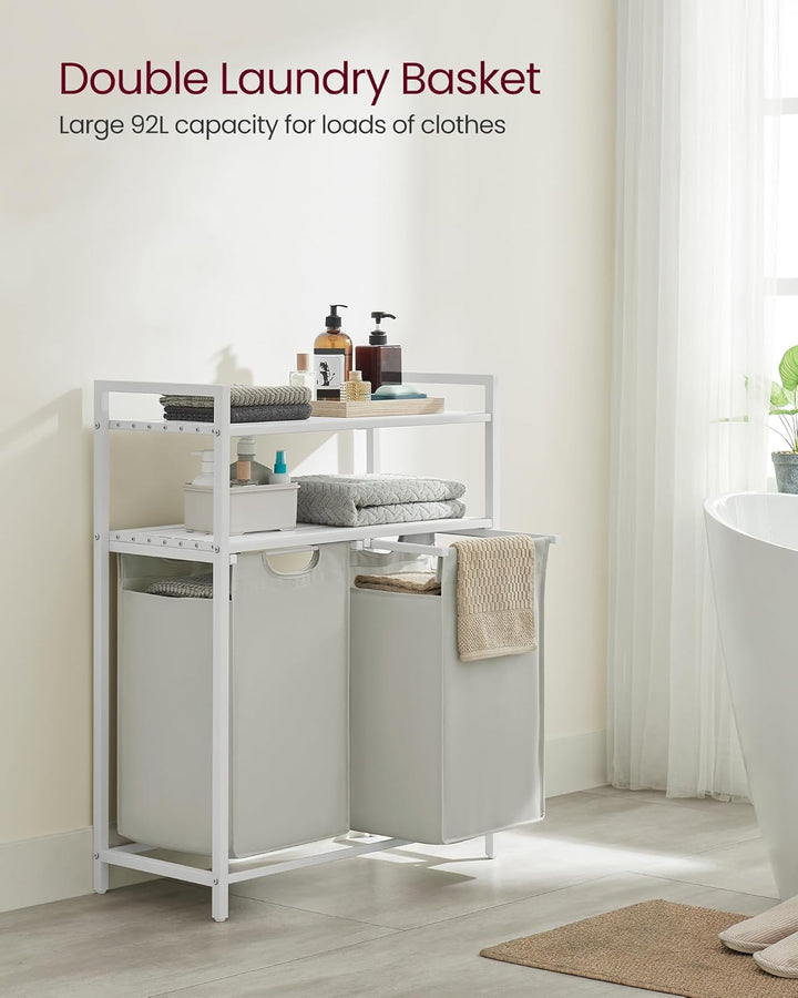 Vasketøjskurv med 2 rum, 2 hylder, hvid