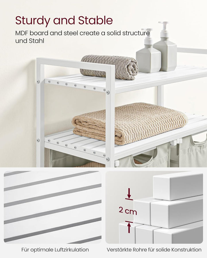 Vasketøjskurv med 2 rum, 2 hylder, hvid