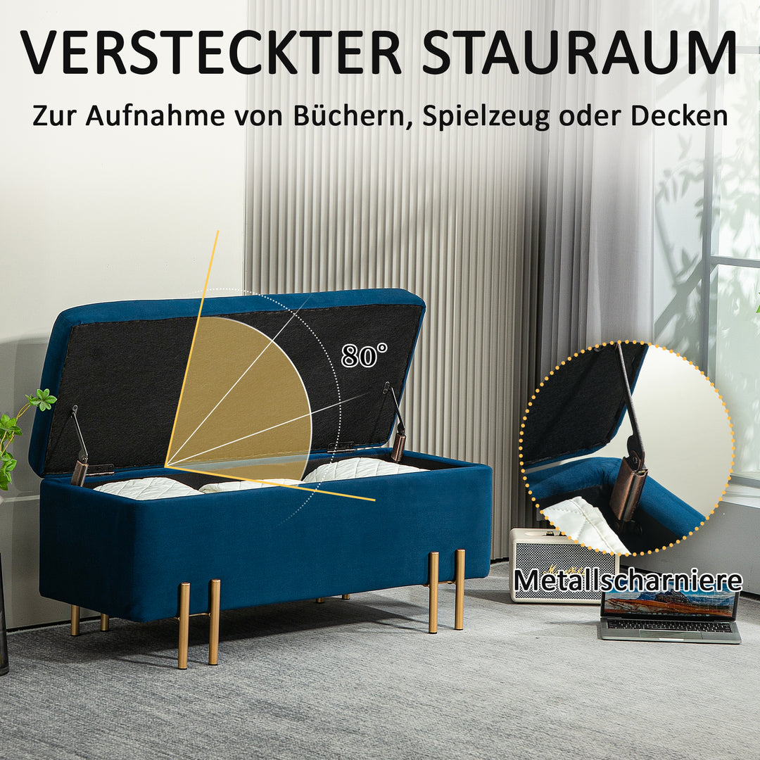 Bænk, polstret bænk med opbevaring, metal, gummitræ, skum, 100 x 40 x 42 cm, mørkeblå