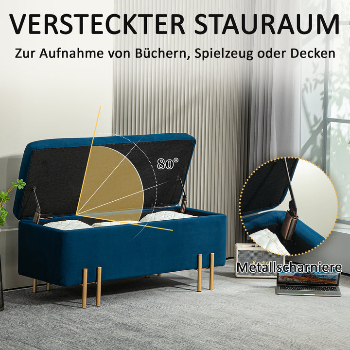 Bænk, polstret bænk med opbevaring, metal, gummitræ, skum, 100 x 40 x 42 cm, mørkeblå