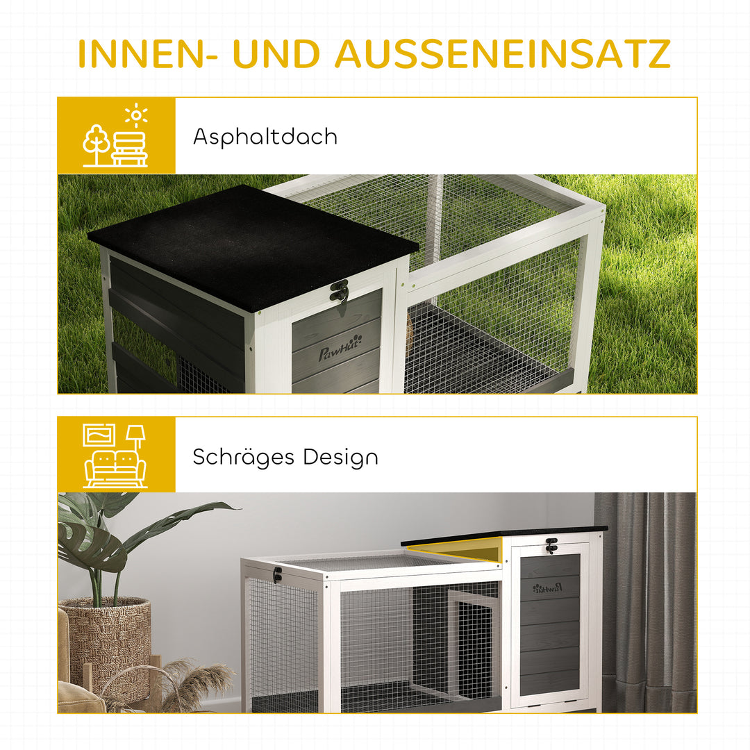 Kaninbur i træ med fritgående indhegning, hjul, foldetag, til indendørs og udendørs brug, 92 x 52 x 67 cm, mørkegrå