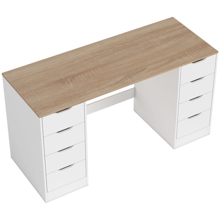 140 cm computerbord, 8 skuffer, skrivebord til hjemmekontor, soveværelse, stål, træ, hvid