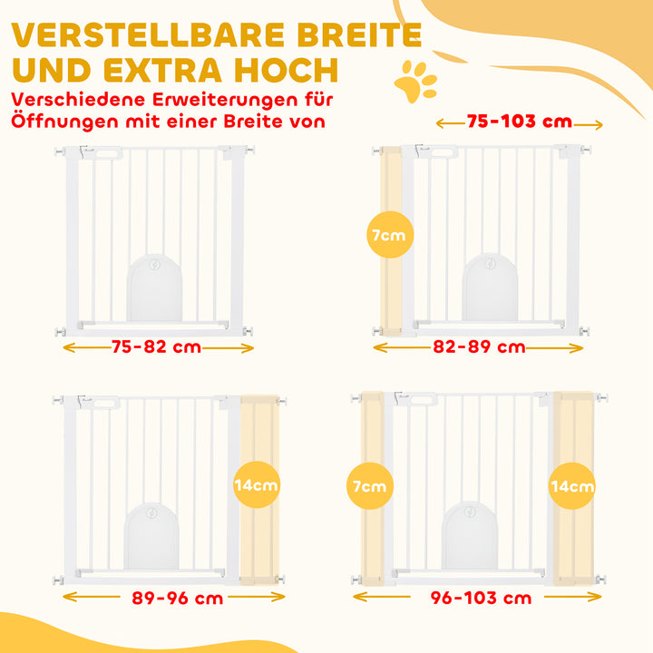 Justerbar kæledyrsbarrier med lille dør, stål, plastik, hvid