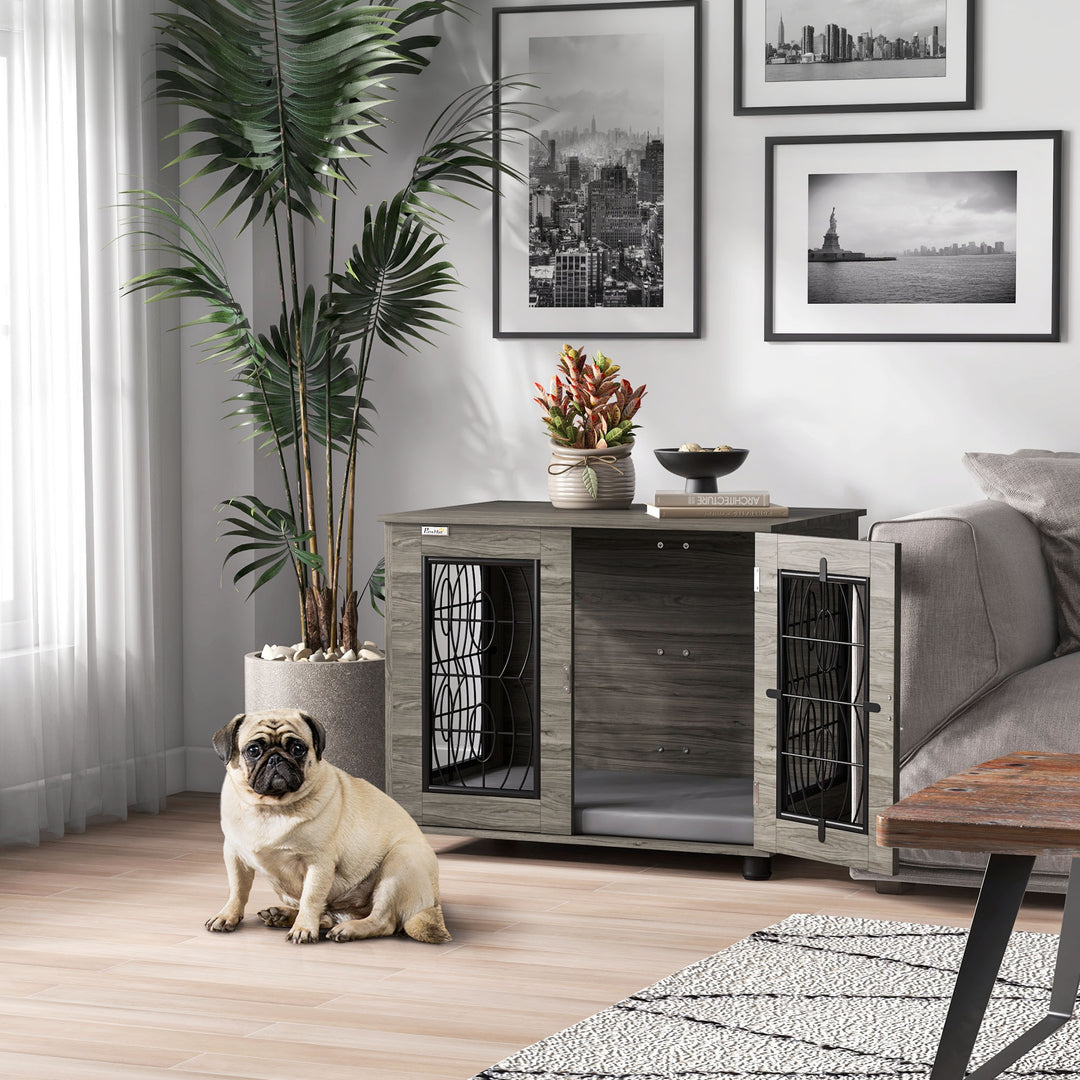 Hundebur med hynde, op til 20 kg/50 cm kropslængde, metal, 80 x 56 x 63 cm, grå/trædekoration