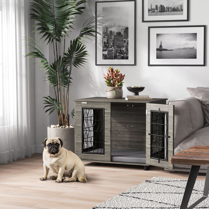 Hundebur med hynde, op til 20 kg/50 cm kropslængde, metal, 80 x 56 x 63 cm, grå/trædekoration