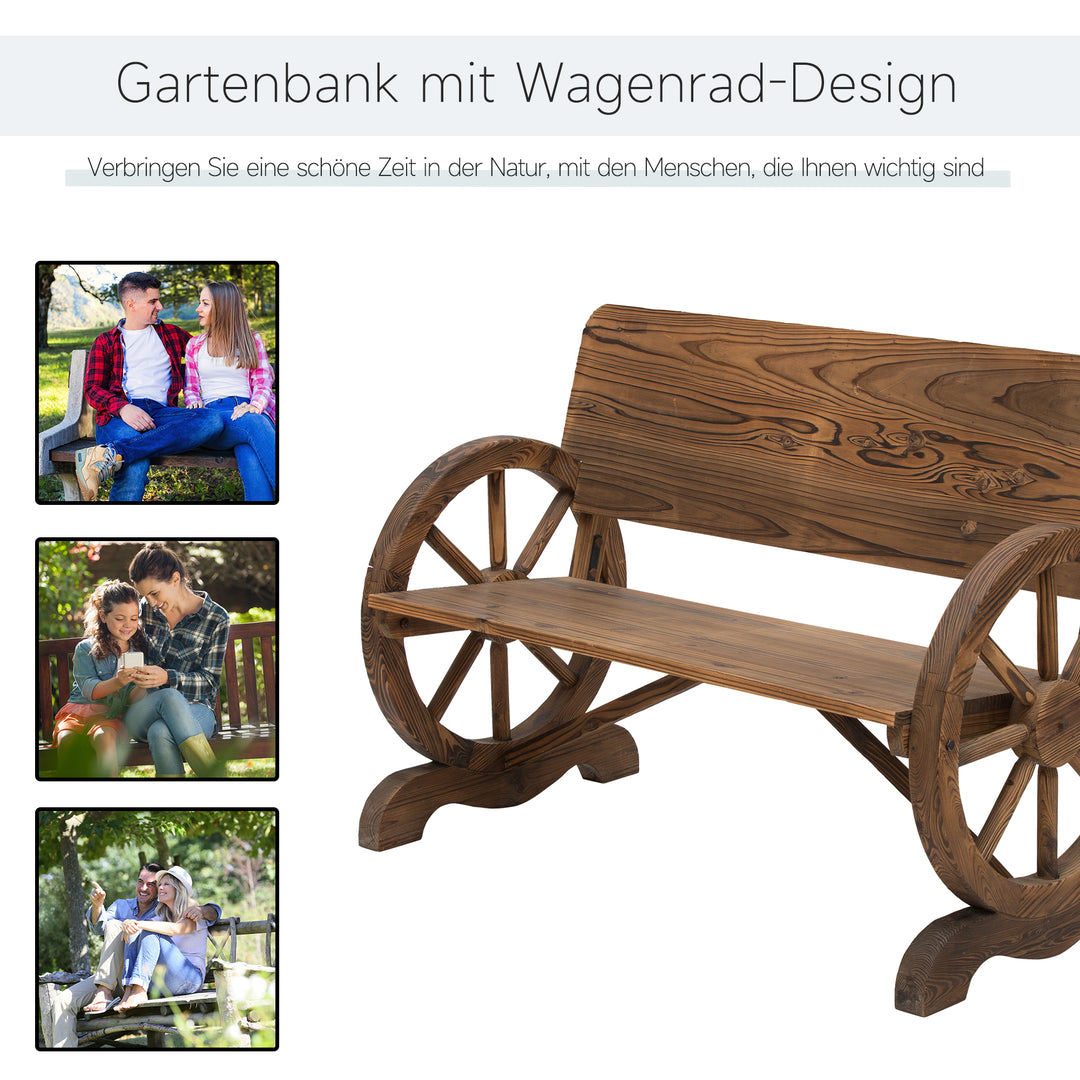 2-personers havebænk i massivt træ med armlæn, bænk med vognhjulsdesign, havemøbler, lasteevne 250 kg, rustik bænk, 114 x 58 x 80 cm, brun