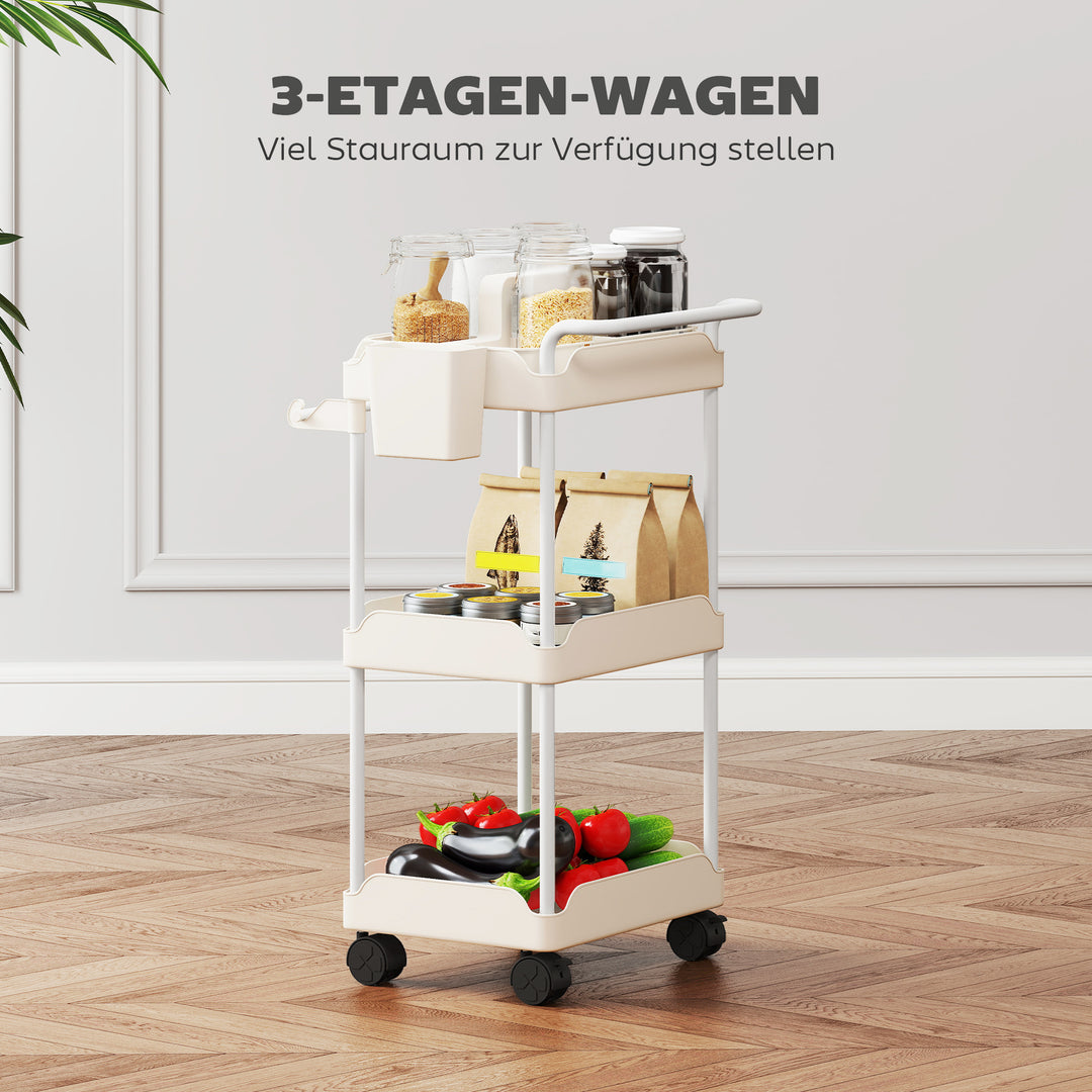 Opbevaringsvogn, 3 kurve, håndklædeholder, hjul, håndtag, metalramme, hvid