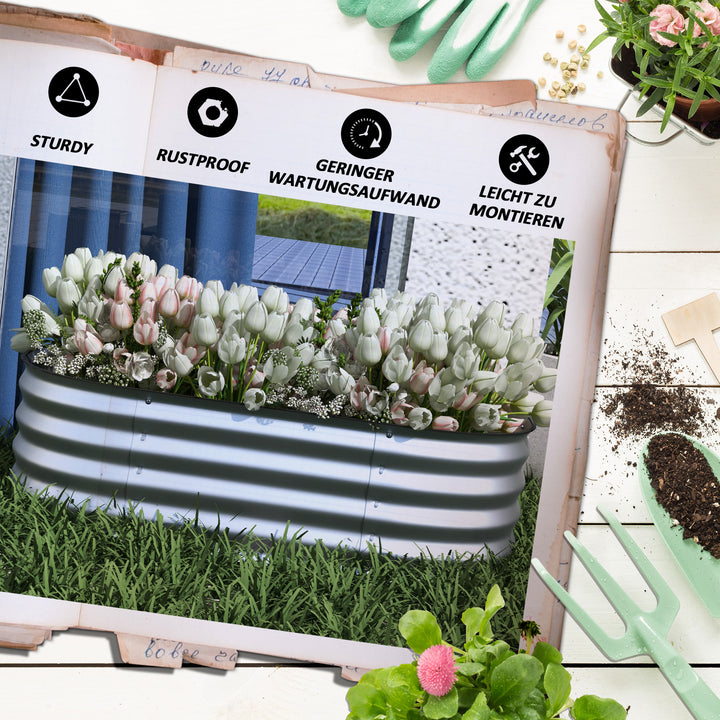 Højbed plantebed modulært højbed, vejrbestandigt, åbent gulv, 105 x 62 x 30 cm, sølv