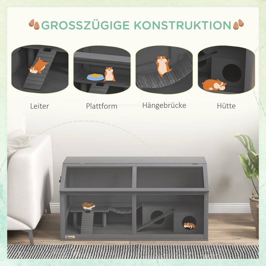 Bur til små dyr og gnavere, med tilbehør, grantræ, 100 cm x 52 cm x 50 cm, grå