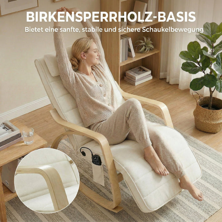 Gyngestol med massagefunktion, varme, nakke- og fodstøtte, fløjlsbetræk, lænestol, cremehvid