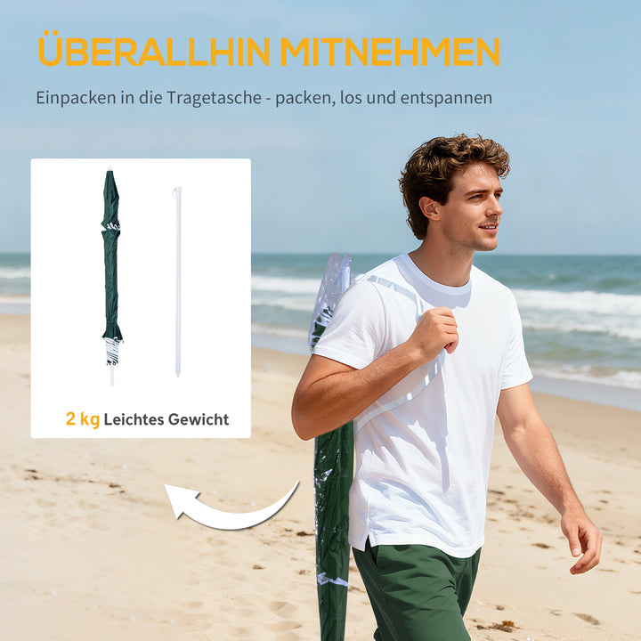 2-i-1 strandparasol Ø 210 cm UPF 50+ vindtæt strandparasol med sidepaneler bæretaske balkonparasol foldbar haveparasol solbeskyttelse til rejser, strand, balkoncamping mørkegrøn