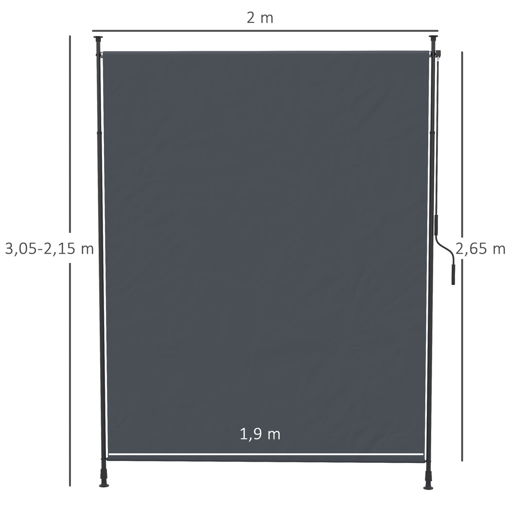Sidemarkise, borefri montering, højdejusterbar, med håndsving, metalramme, grå, 2 x 2,15-3,05 m