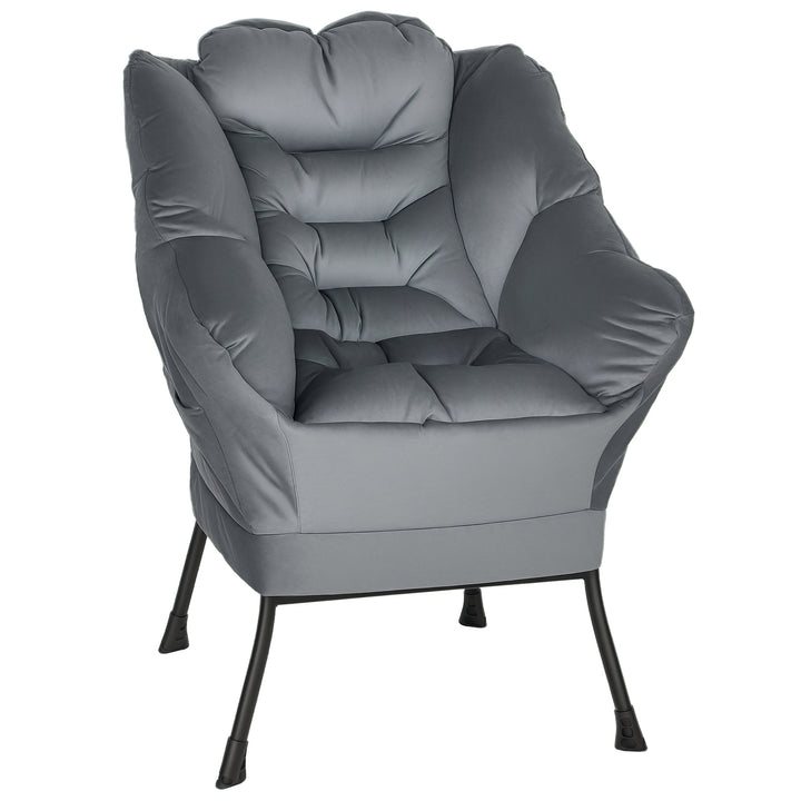 Moderne accentstol, polstret stol med stålben og sidelommer, til stue, soveværelse, grå