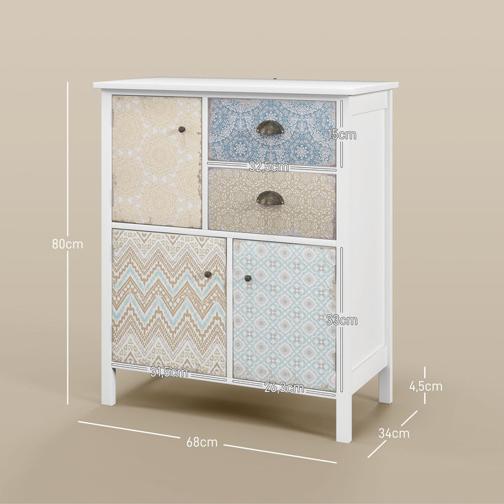 Skænk, shabby chic kommode, 2 skuffer, 3 skabsrum, fyrretræ, 68x34x80cm, hvid
