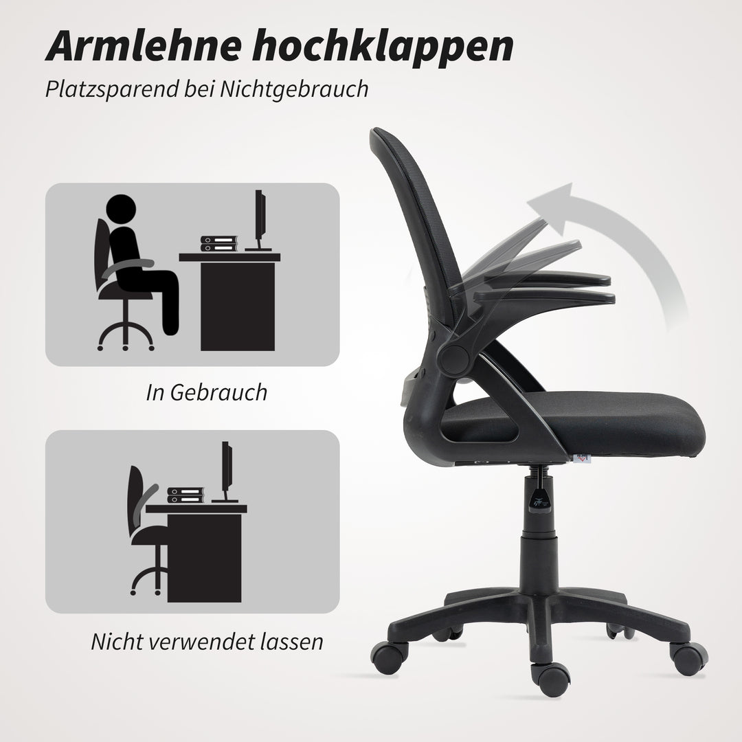 Åndbar netkontorstol, ergonomisk drejestol med foldbare armlæn og lændestøtte, sort