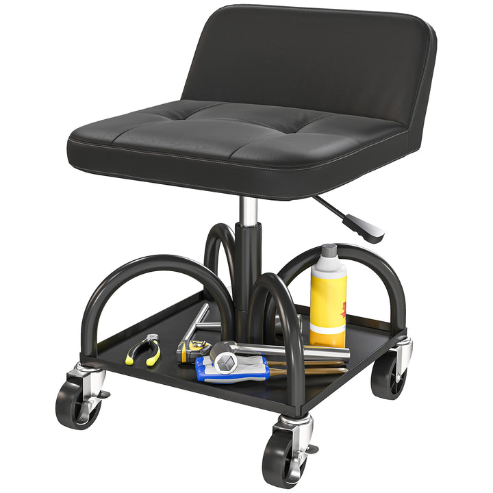 Værkstedsskammel med hjul, opbevaringsplads, 58,5 cm høj, rulleskammel, lasteevne op til 135 kg, sort