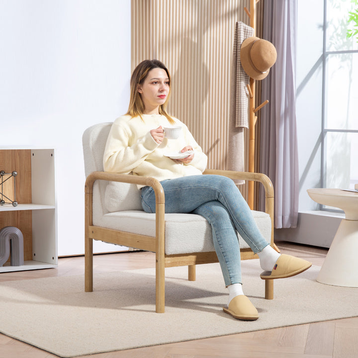 Accentstol, polstret stol med stofbetræk, gummitræsstel, moderne stol med hynde, hvid