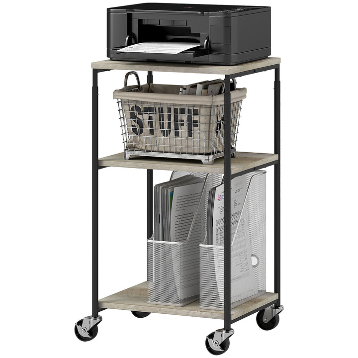 Printerstativ med 3 niveauer, højdejusterbart, mobilt printerbord på hjul, til hjemmekontor, metal og træ