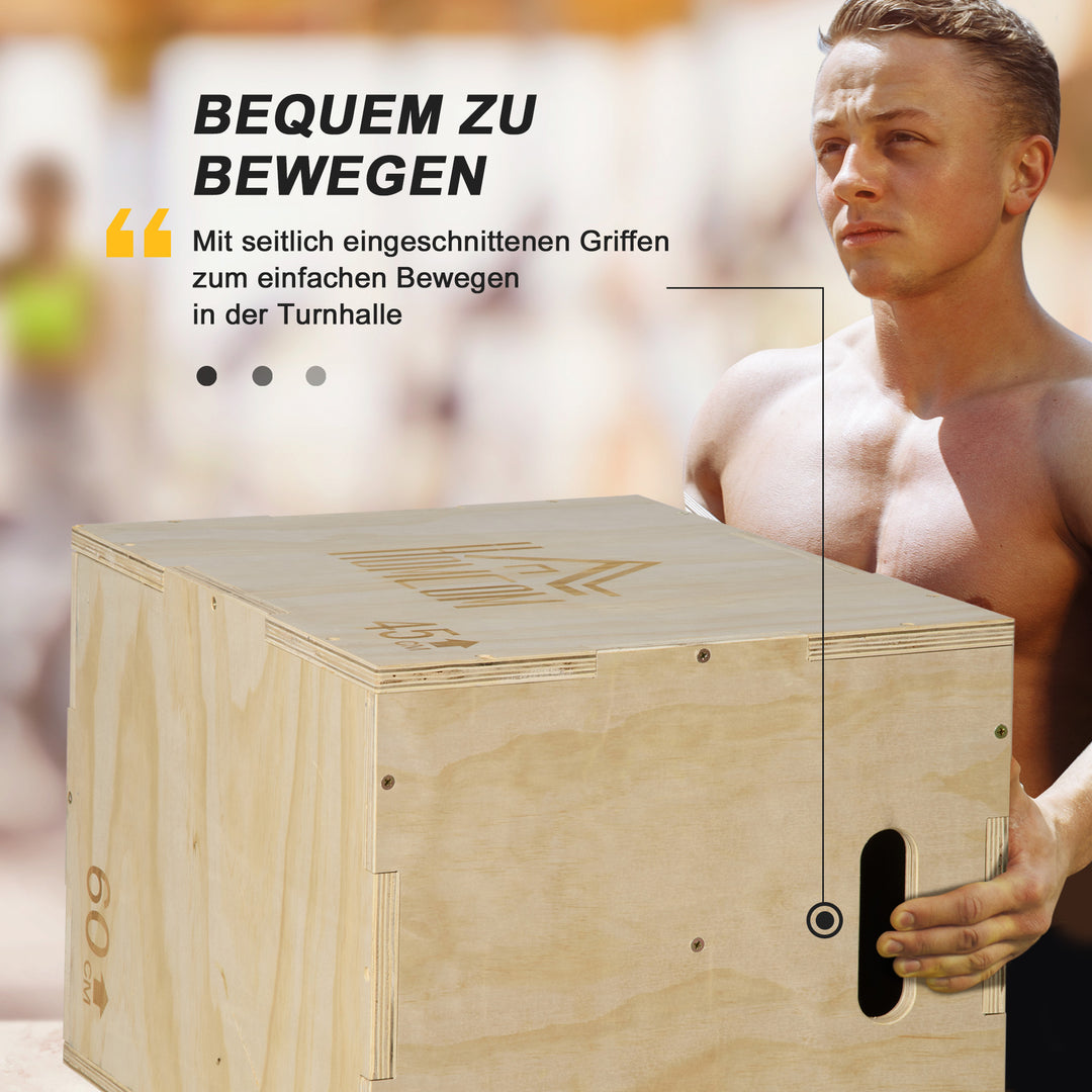 Plyo Box, træhoppekasse, plyometrisk platform med håndtag til hjemmebrug, 45 x 40 x 60 cm, naturtræ