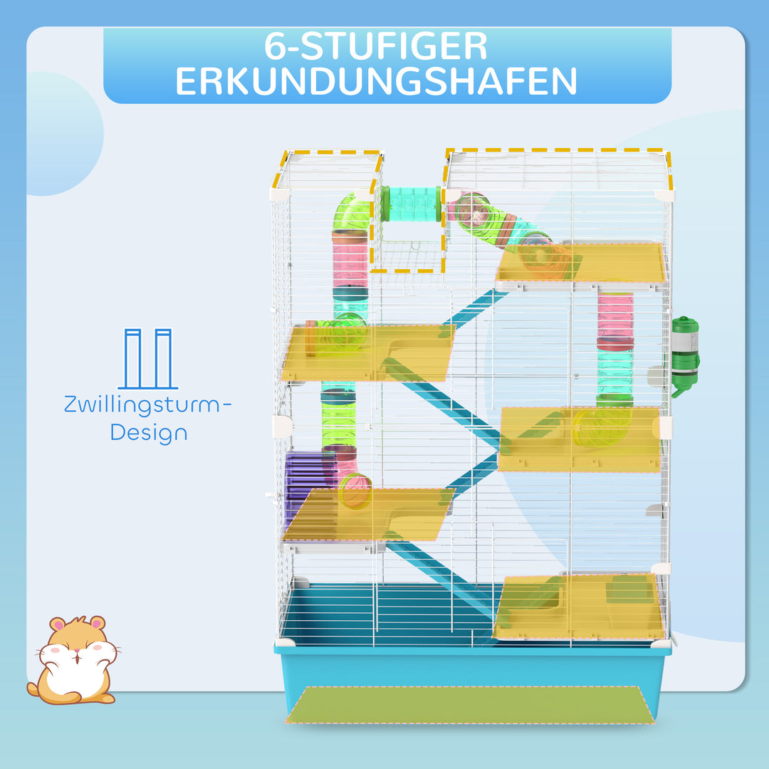 6-Etagers hamsterbur med rør, tunneler, bur, træningshjul, madskål, vandflaske, ramper, lyseblå