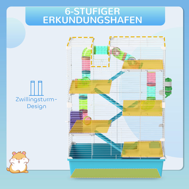 6-Etagers hamsterbur med rør, tunneler, bur, træningshjul, madskål, vandflaske, ramper, lyseblå