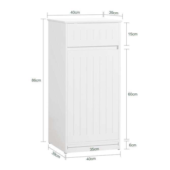 Badeværelsesskab / vasketøjskurv med skuffe, L40xD39xH86cm, hvid