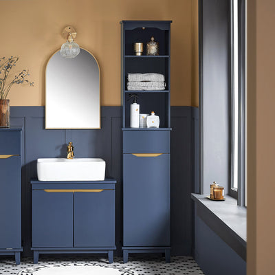 Høj badeværelsesreol med skab, 30x30x171 cm, blå